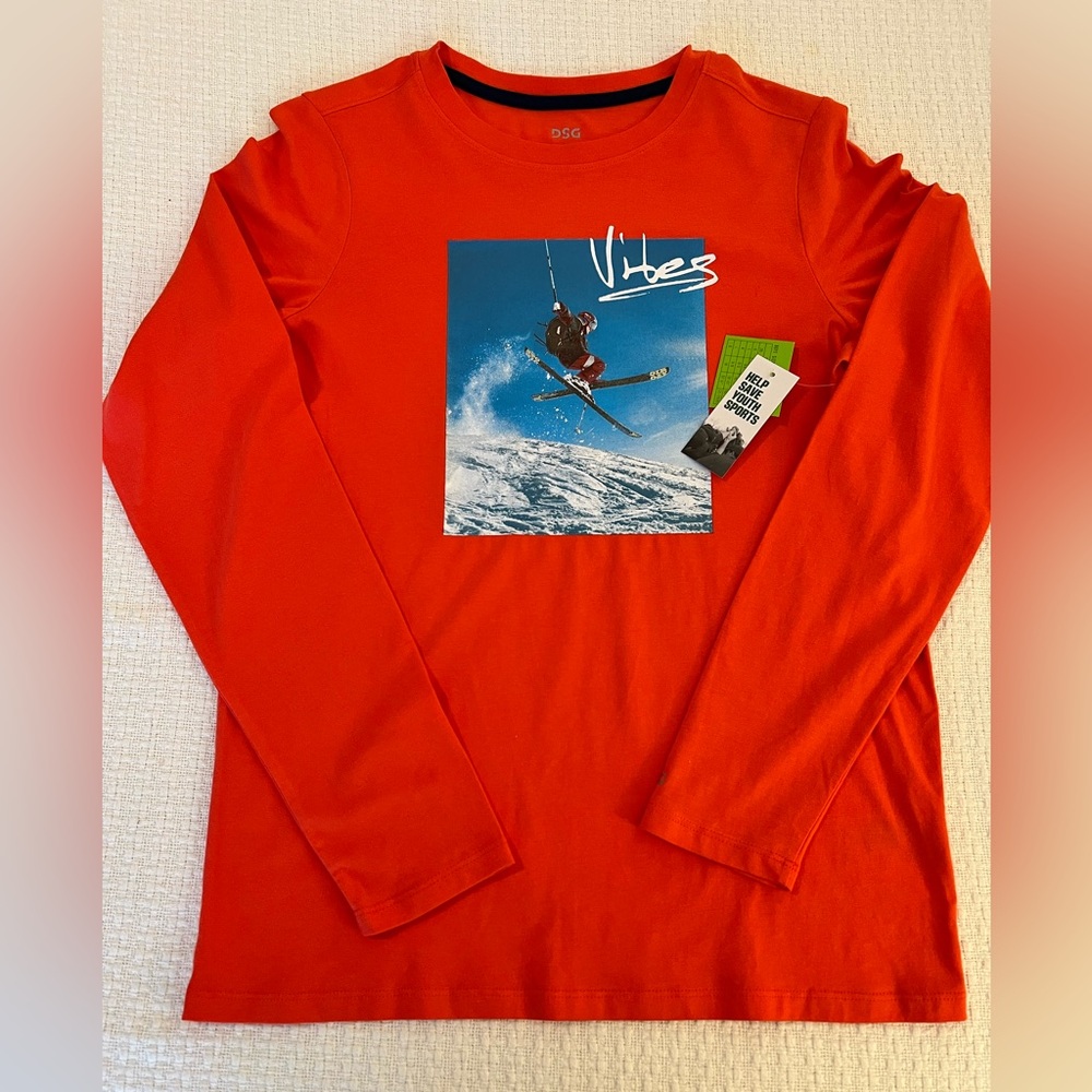 BNWT Boys Size Large DSG Vibes Ski Graphic Neon Orange Long Sleeve Tee